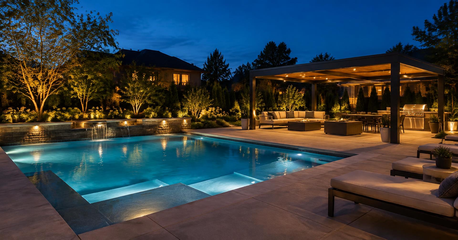Backyard at dusk with a lit in-ground pool, concrete deck and modern pergola