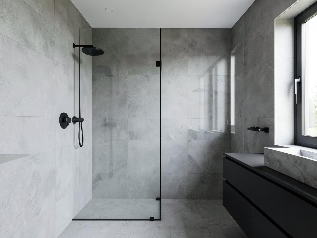 Renovated bathroom with large format grey tile and a glass walk-in shower