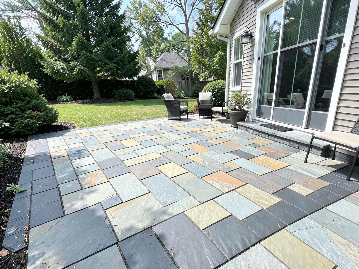 New interlocking stone patio with a charcoal soldier course border