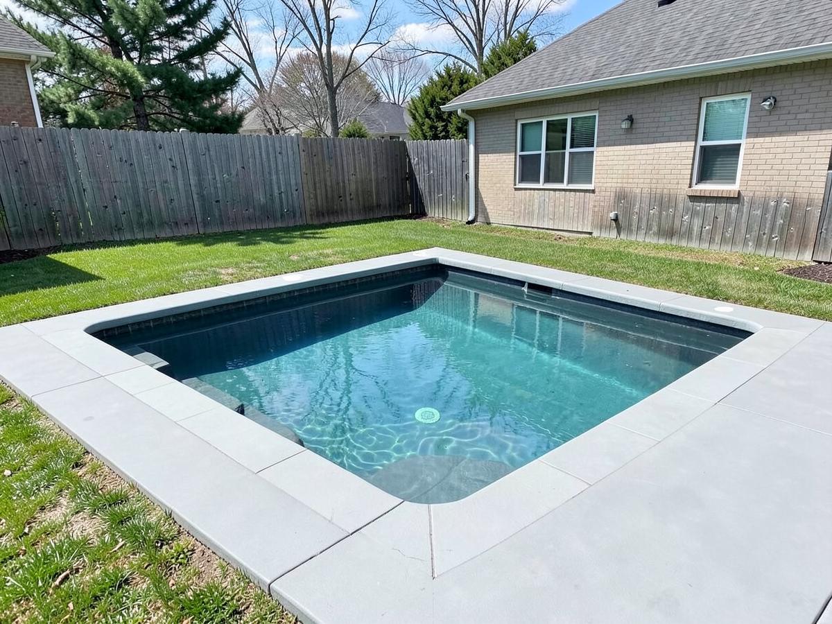 Finished rectangular in-ground swimming pool with a grey concrete deck in a residential backyard