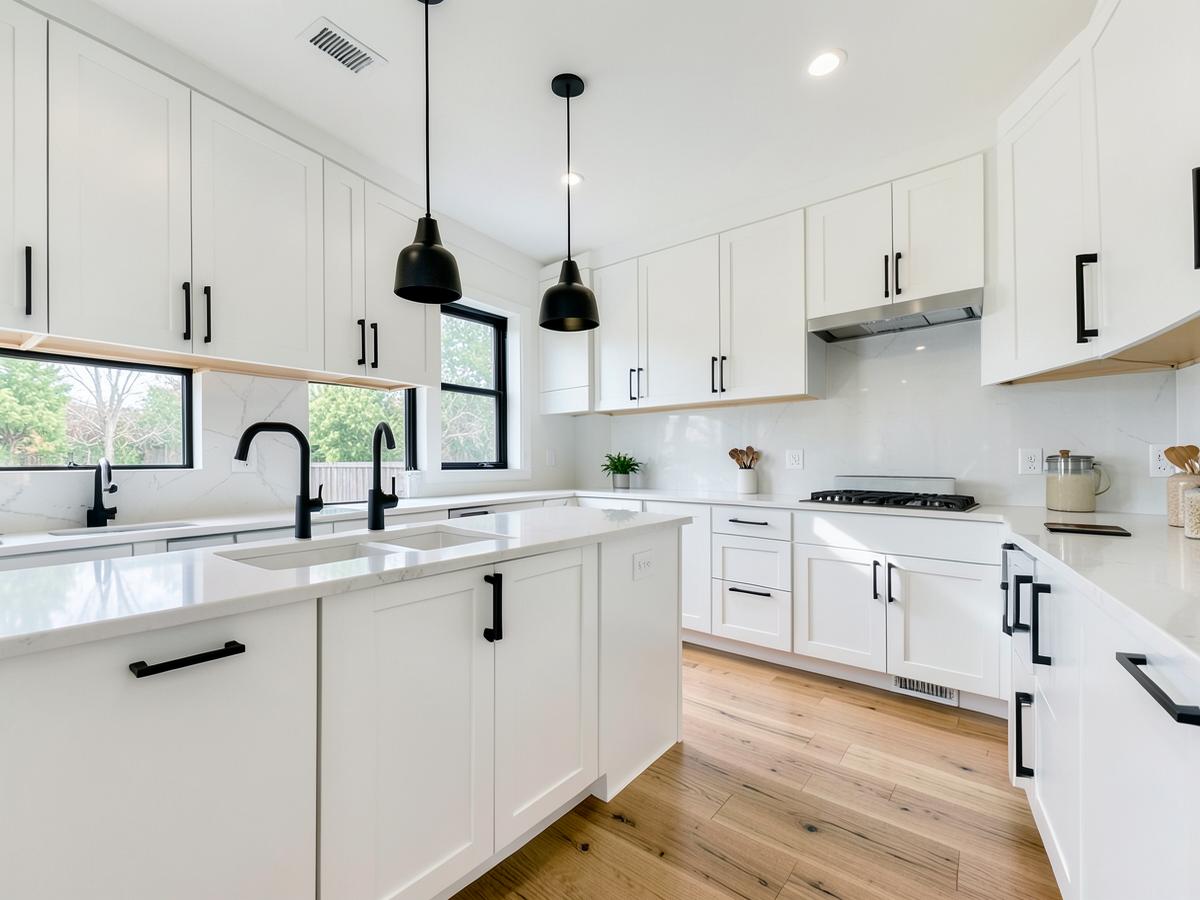 Renovated modern kitchen with white cabinetry, quartz counters and oak flooring