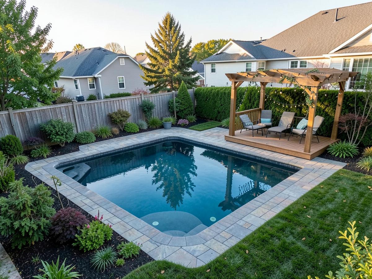 Complete backyard with pool, interlocking patio, deck, pergola and landscaping